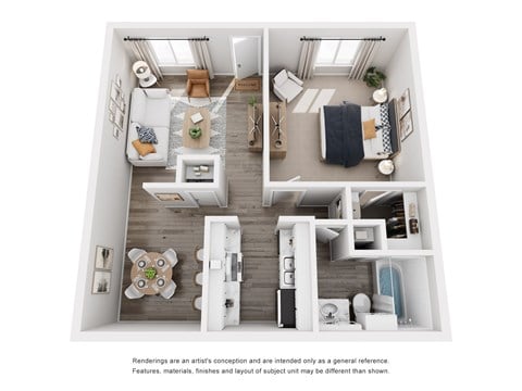 Floor plan for 1 bed, 1 bath, 640 sqft